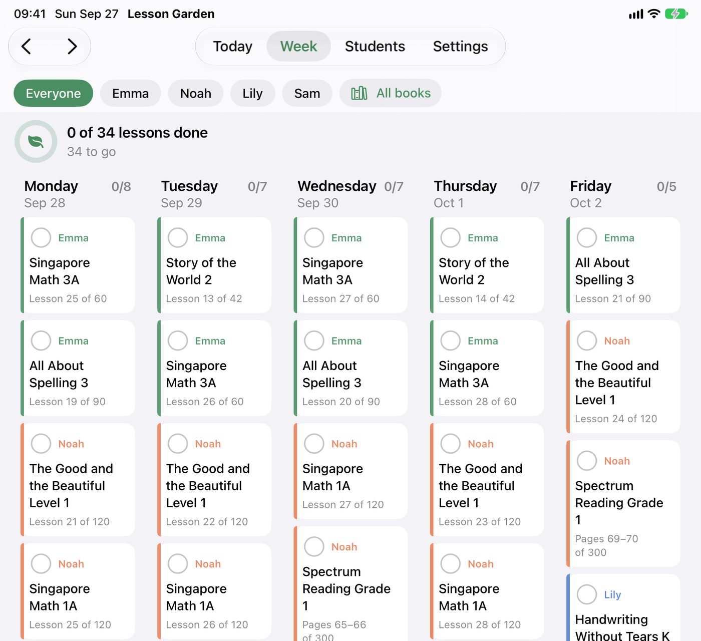 The week view on iPad with a column of lesson cards for each school day