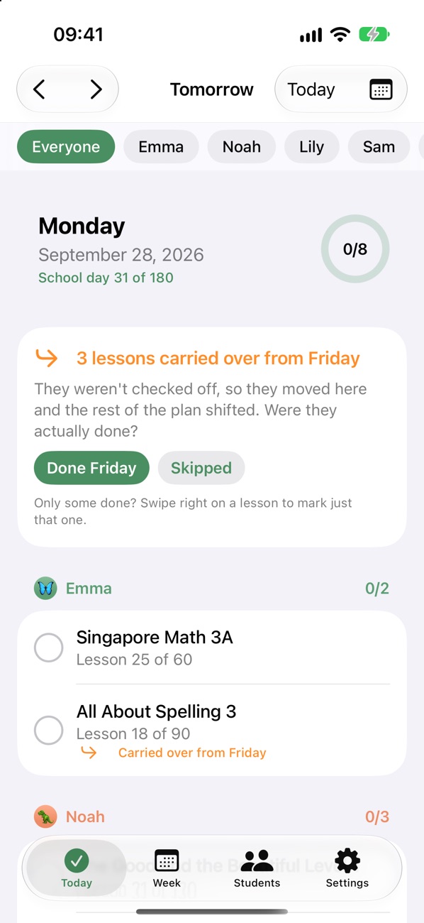 Monday's lessons with a note that 3 lessons carried over from Friday, asking whether they were done or skipped