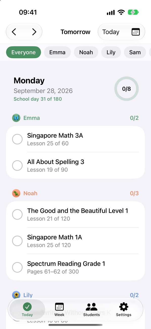 Lesson Garden's Today screen, listing each child's lessons for the day with checkboxes